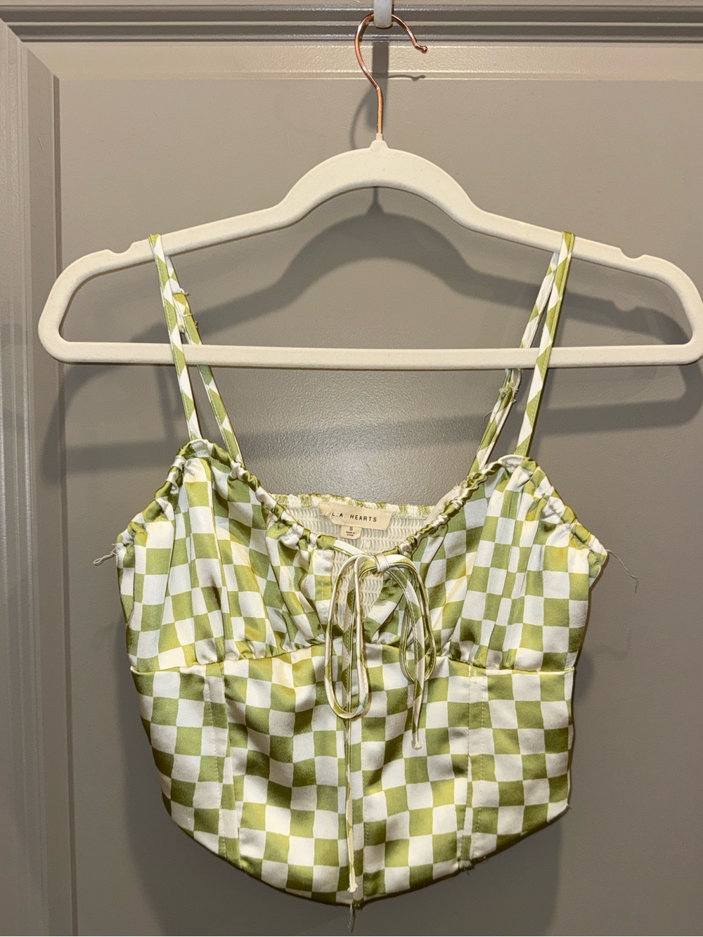 L.A. Hearts White and Light Green Check Tie-Front Cami